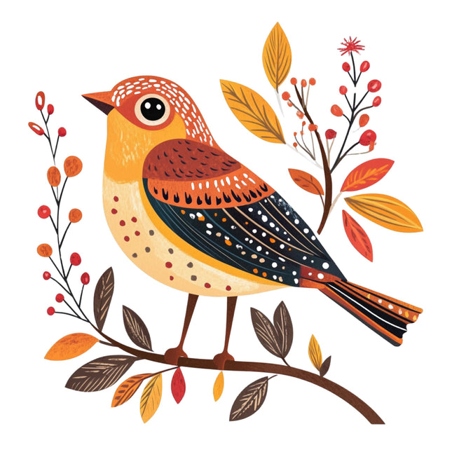 Colorful bird illustration with autumn leaves and berries on a white background fabric panel