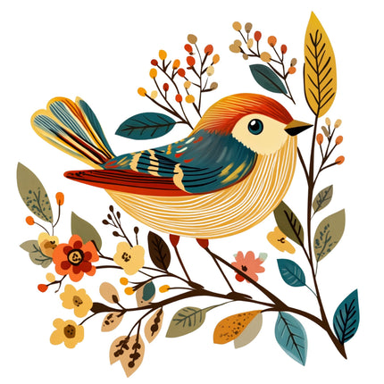 Colorful illustration of a bird on a branch with leaves and flowers fabric panel