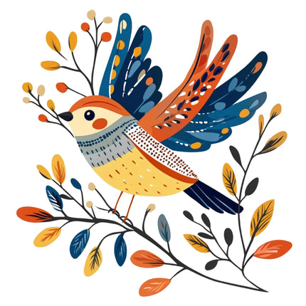 Colorful bird illustration on a white background fabric panel