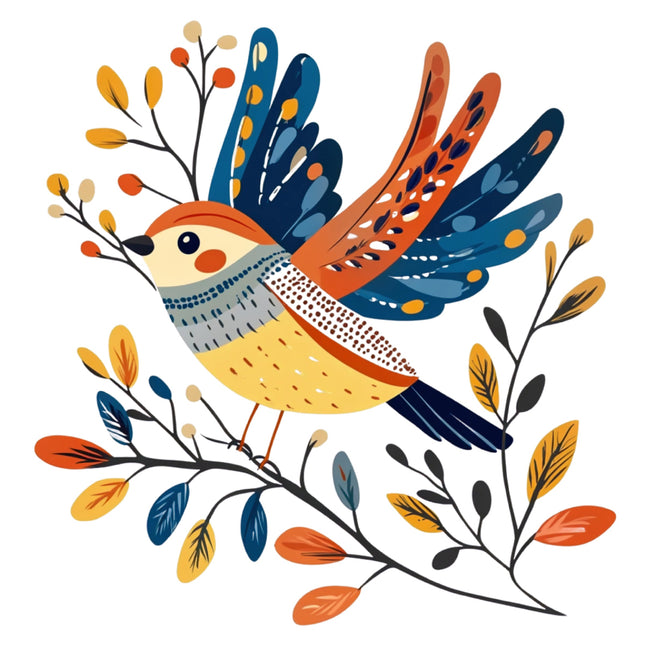 Colorful bird illustration on a white background fabric panel