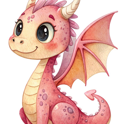 Cute pink dragon illustration on a white background fabric panel
