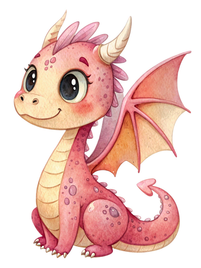 Cute pink dragon illustration on a white background fabric panel