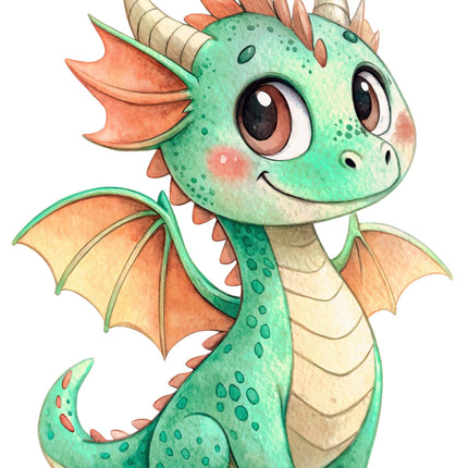 Illustration of a cute green dragon with orange accents on a white background fabric panel