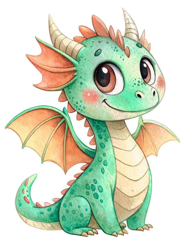 Illustration of a cute green dragon with orange accents on a white background fabric panel