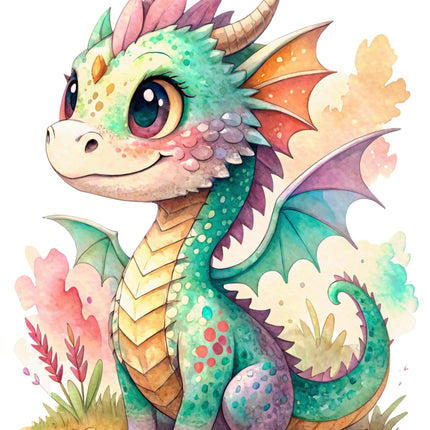 Colorful dragon illustration with a pastel background fabric panel