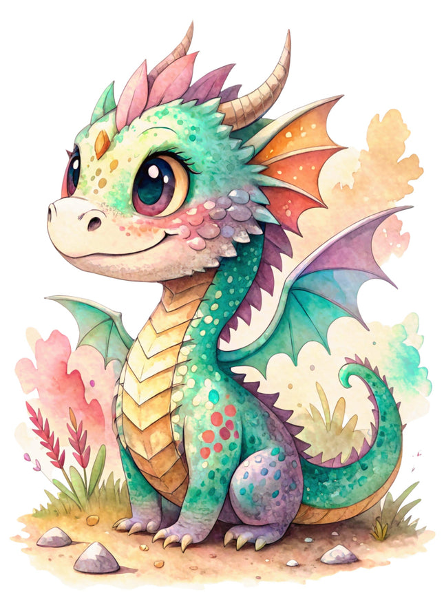 Colorful dragon illustration with a pastel background fabric panel