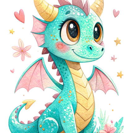 Illustration of a cute dragon with pink flowers and stars on a white background fabric panel