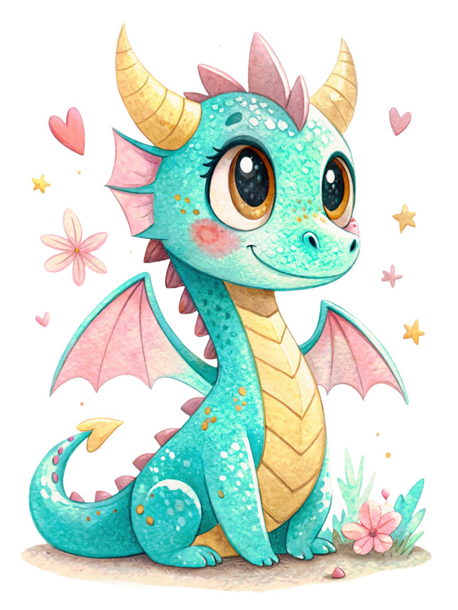Illustration of a cute dragon with pink flowers and stars on a white background fabric panel