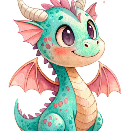 Cartoon dragon with teal body, pink wings, and horns on a white background fabric panel