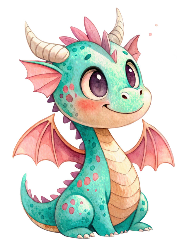 Cartoon dragon with teal body, pink wings, and horns on a white background fabric panel