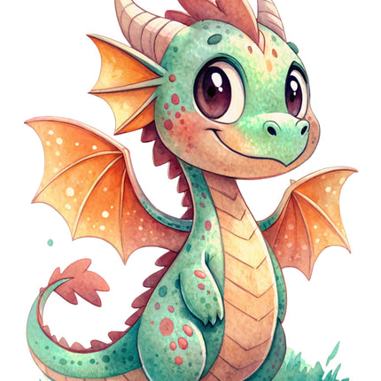 Illustration of a cute dragon with green body and orange wings on a white background fabric panel