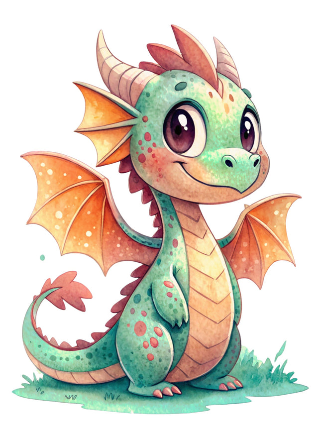 Illustration of a cute dragon with green body and orange wings on a white background fabric panel