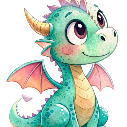 Cartoon dragon with pastel colors on a white background fabric panel