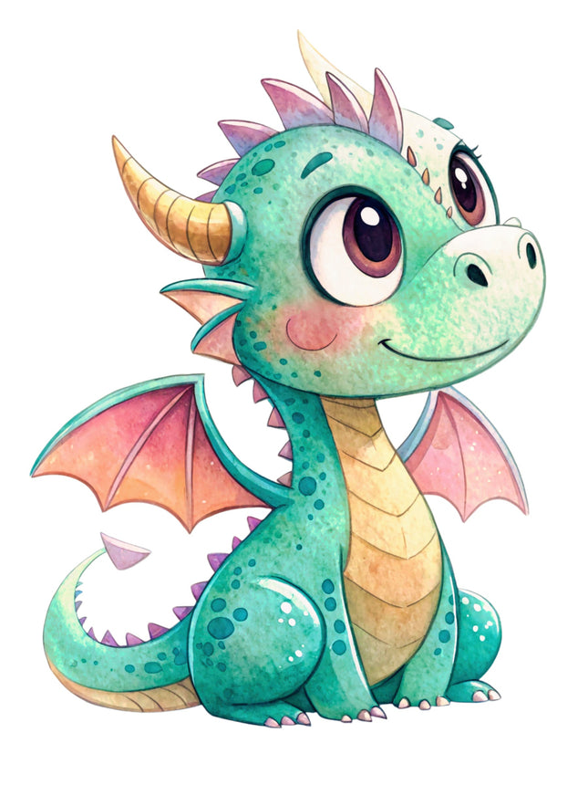 Cartoon dragon with pastel colors on a white background fabric panel