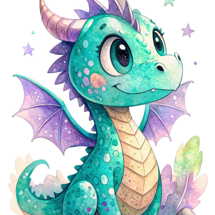 Cartoon dragon with teal and purple colors on a white background fabric panel