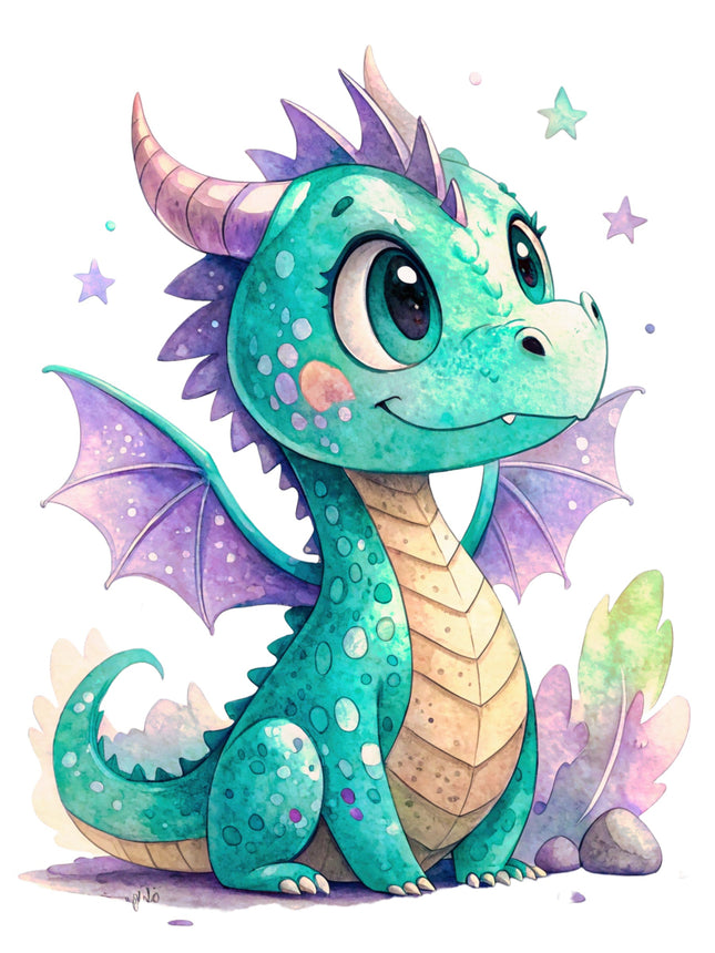 Cartoon dragon with teal and purple colors on a white background fabric panel