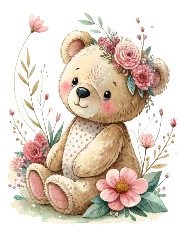 Cute teddy bear with floral decorations on a white background fabric panel
