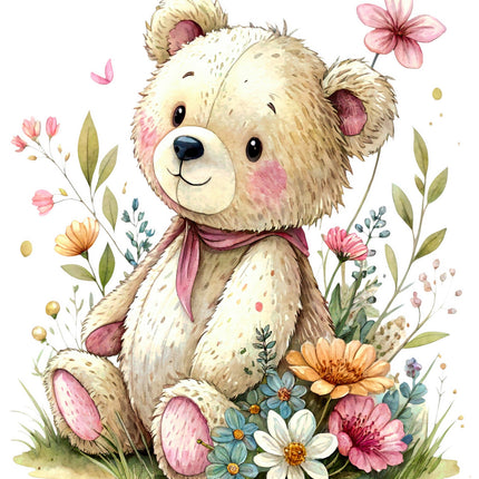 Cute teddy bear with a pink bow surrounded by flowers and leaves on a white background fabric panel