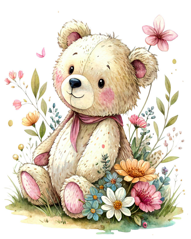 Cute teddy bear with a pink bow surrounded by flowers and leaves on a white background fabric panel