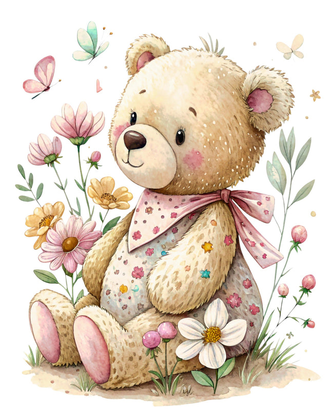 Cute teddy bear with a bow surrounded by flowers and butterflies on a white background fabric panel