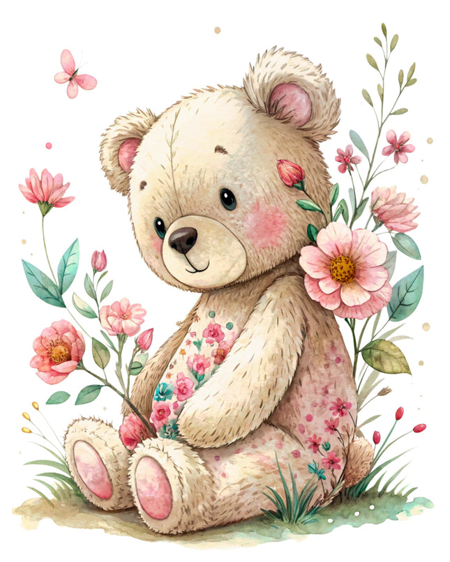 Cute teddy bear surrounded by pink flowers and leaves on a white background fabric panel