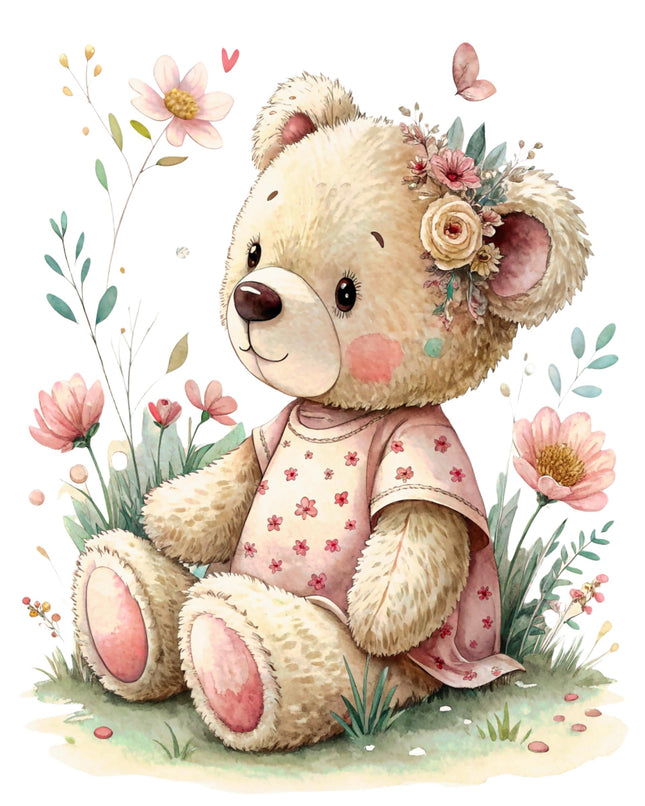 Cute teddy bear with floral decorations on a white background fabric panel