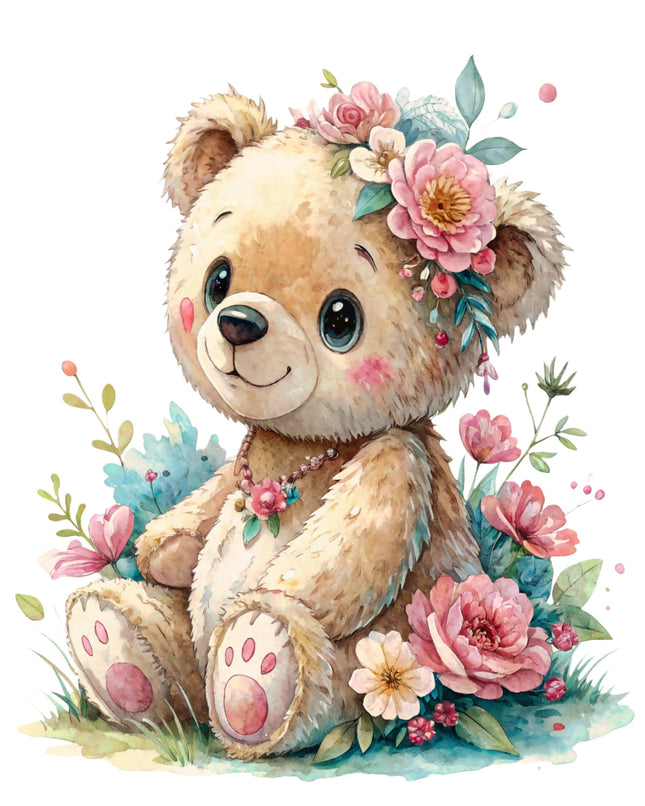 Cute teddy bear with floral decorations on a white background fabric panel