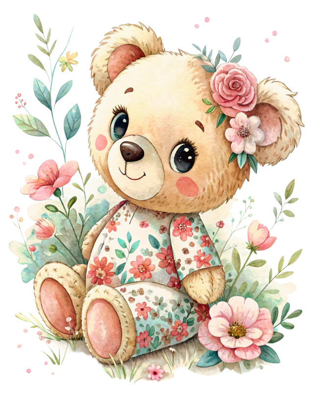 Illustration of a teddy bear with flowers and leaves on a white background fabric panel