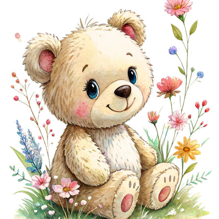 Floral Teddy Bear 100% Cotton Fabric Panel Block DD2419