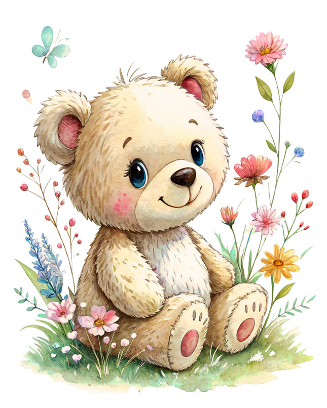 Floral Teddy Bear 100% Cotton Fabric Panel Block DD2419