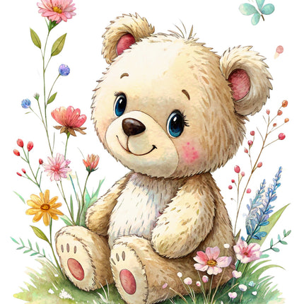 Cartoon teddy bear surrounded by flowers and a butterfly on a white background fabric panel