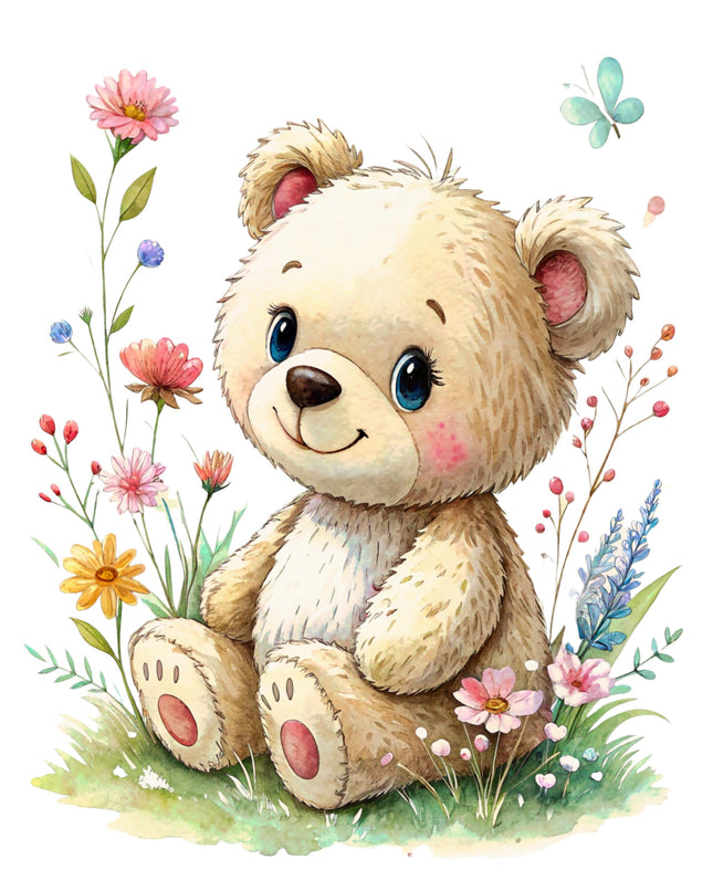 Cartoon teddy bear surrounded by flowers and a butterfly on a white background fabric panel