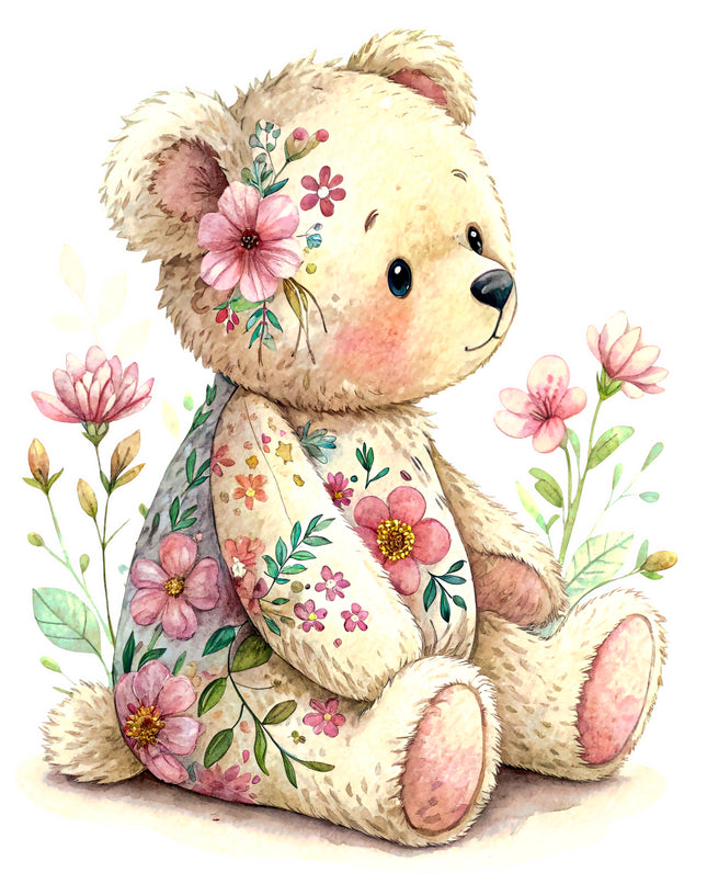 Floral Teddy Bear 100% Cotton Fabric Panel Block DD2420