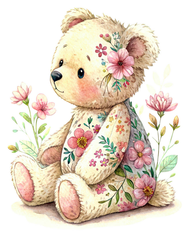 Teddy bear with floral design on a white background fabric panel