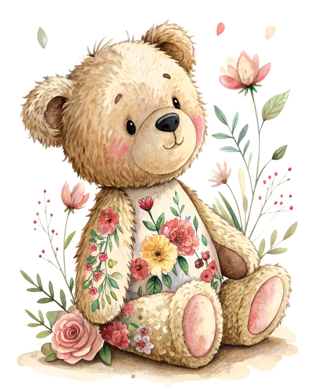 Floral Teddy Bear 100% Cotton Fabric Panel Block DD2421