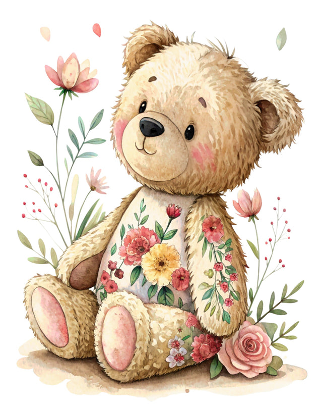 Cute teddy bear with floral design surrounded by flowers on a white background fabric panel