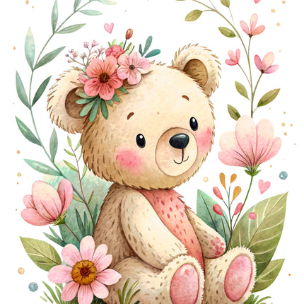 Floral Teddy Bear 100% Cotton Fabric Panel Block DD2422