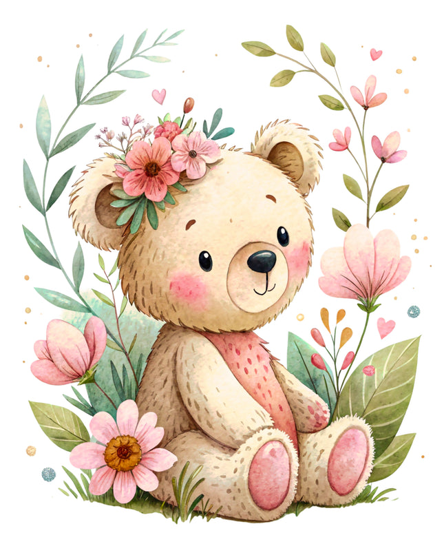 Floral Teddy Bear 100% Cotton Fabric Panel Block DD2422
