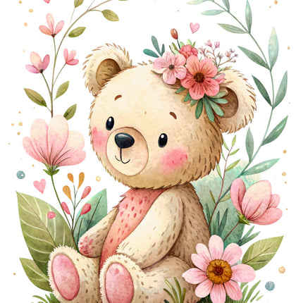 Cute teddy bear with a flower crown surrounded by flowers and leaves on a white background fabric panel