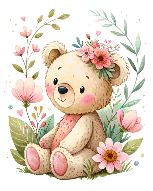 Cute teddy bear with a flower crown surrounded by flowers and leaves on a white background fabric panel