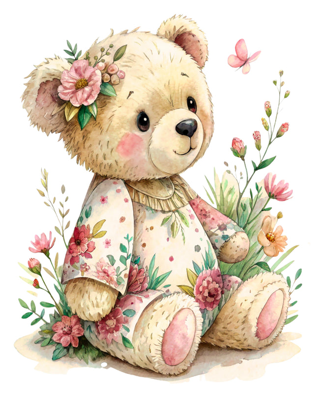 Floral Teddy Bear 100% Cotton Fabric Panel Block DD2423