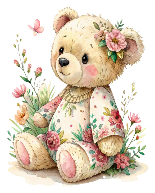 Floral teddy bear surrounded by flowers and a butterfly on a white background fabric panel