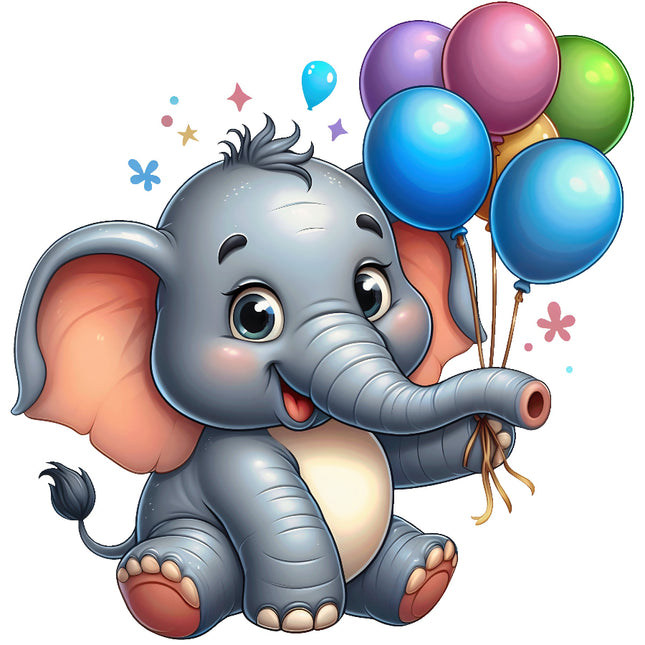 Cartoon elephant holding balloons on a white background fabric panel