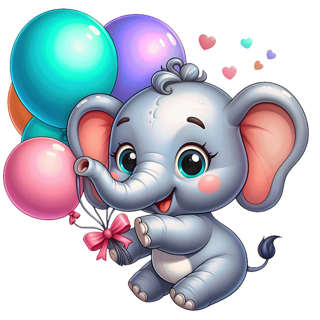Cartoon elephant holding colorful balloons on a white background fabric panel