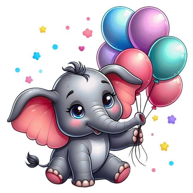 Cartoon elephant holding colorful balloons on a white background fabric panel