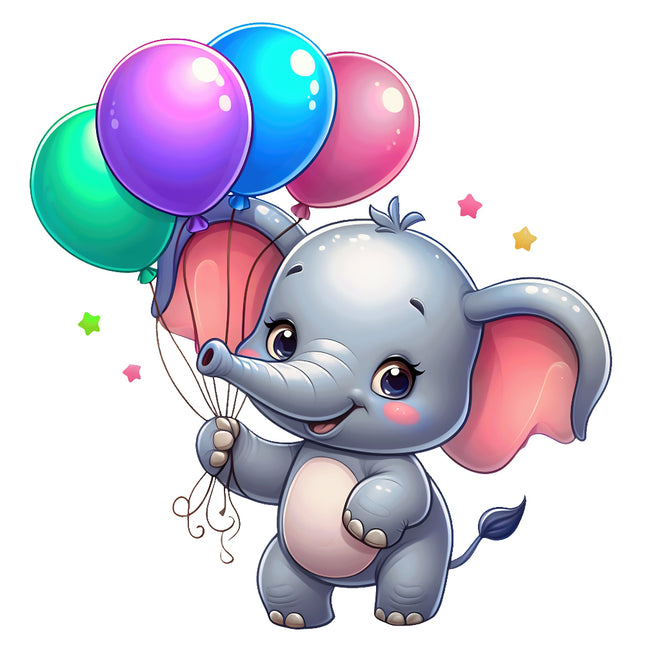 Cartoon elephant holding colorful balloons on a white background fabric panel