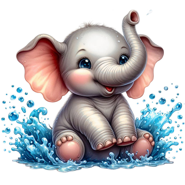 Cartoon elephant playing in water with blue bubbles on a white background fabric panel