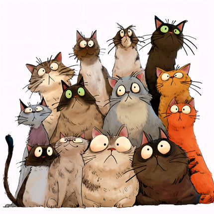 Illustration of a group of cartoon cats with various colors and expressions fabric panel