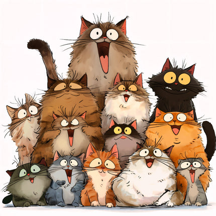 Illustration of a diverse group of cartoon cats with various expressions fabric panel