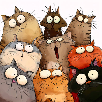 Illustration of eight cartoon cats with various colors and expressions fabric panel